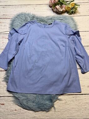 J. McLaughlin Baylee Light Blue Ruffle Quarter Sleeve Blouse sz XL